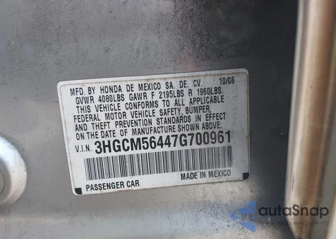 2007 Honda Accord 2.4 Lx z USA, uszkodzony, nr VIN 3HGCM56447G700961